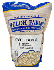 Shiloh Farms Organic Rye Flakes in a 15oz package ready to cook, showcasing a wholesome breakfast option.