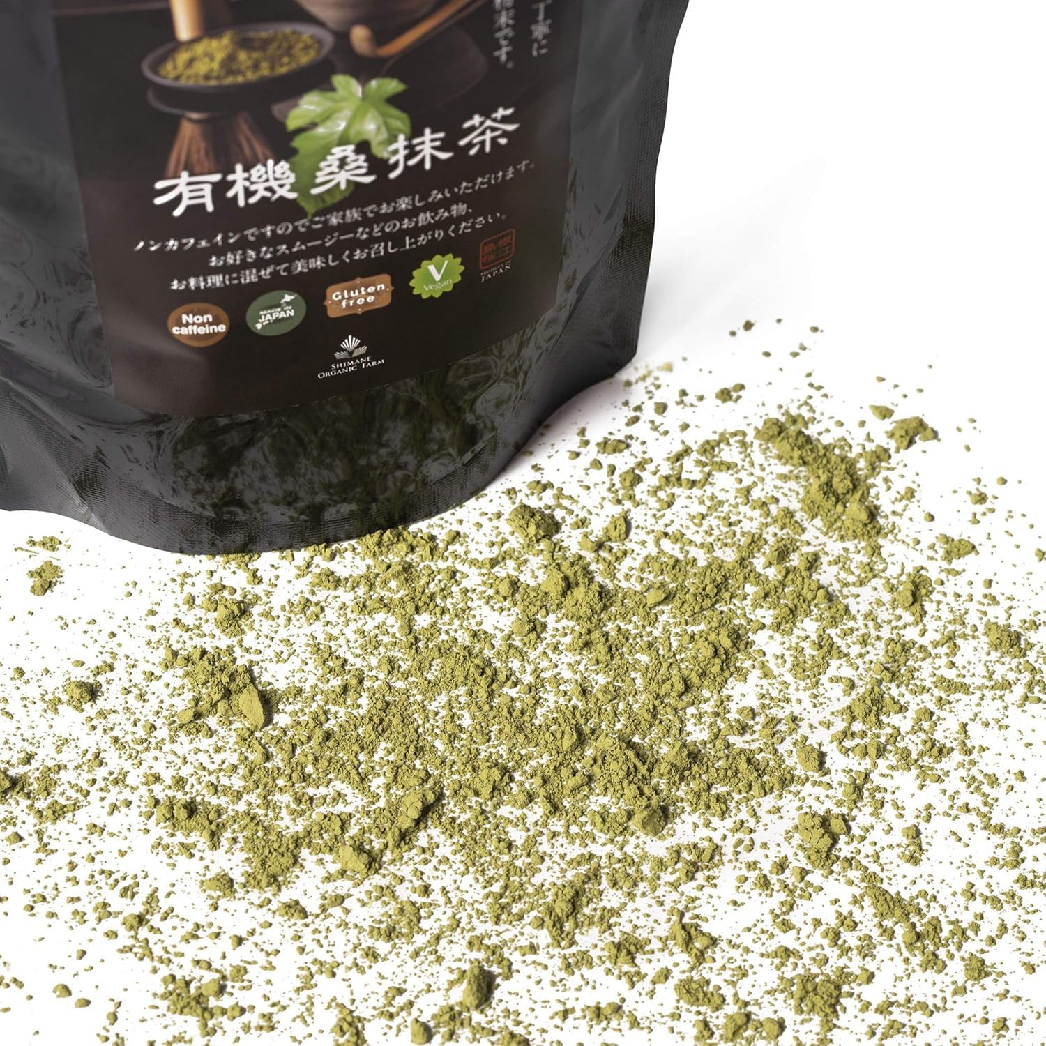 Shimane Organic Farm caffeine-free Mulberry Matcha ready as a tea substitute, gentle and refreshing.