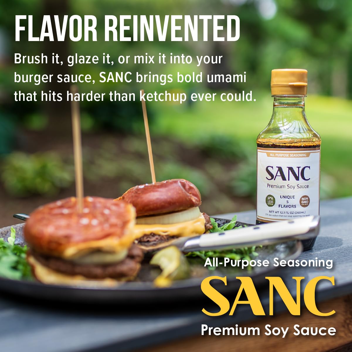 Shinangchon SANC soy sauce over burgers to deepen flavor