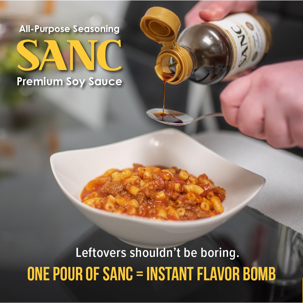Shinangchon SANC soy sauce on eggs for enhanced savory flavor