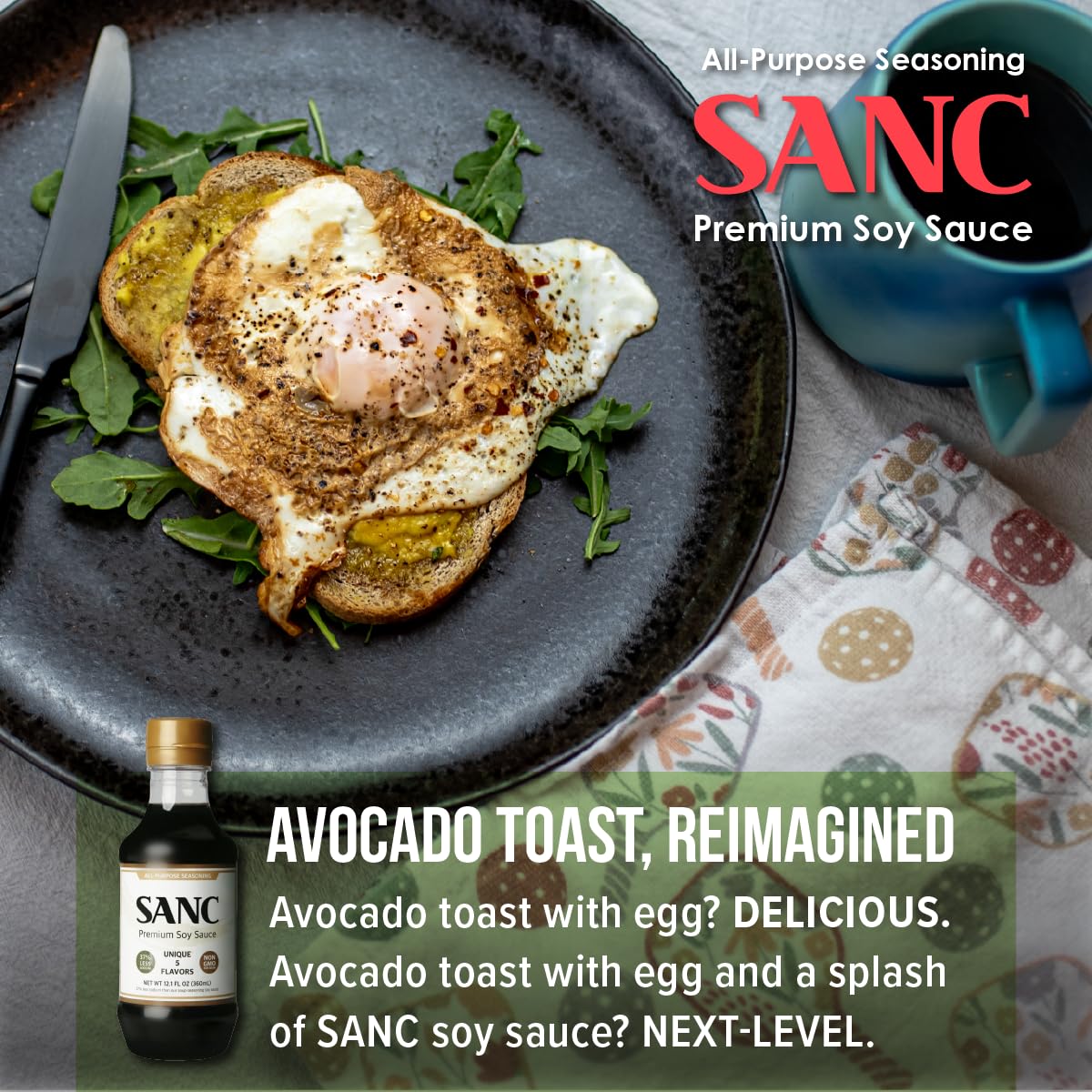 Shinangchon SANC soy sauce label shows non GMO and less sodium formula
