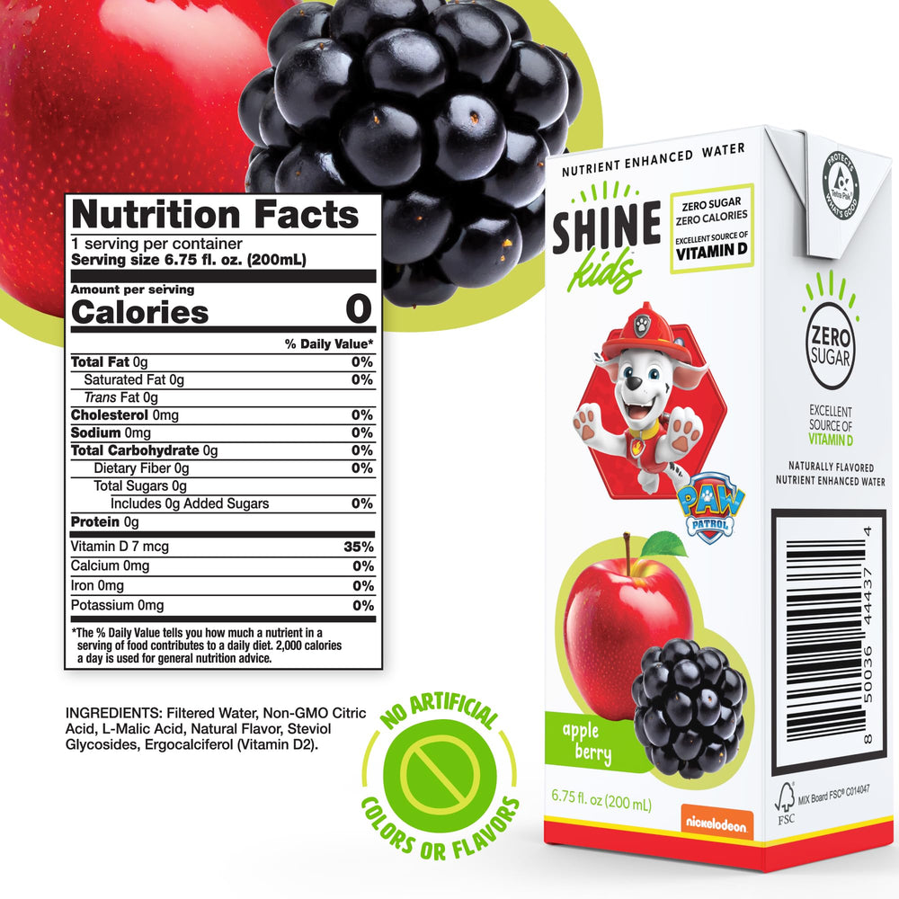 ShineWater Paw Patrol Apple Berry juice box side nutrition label visible