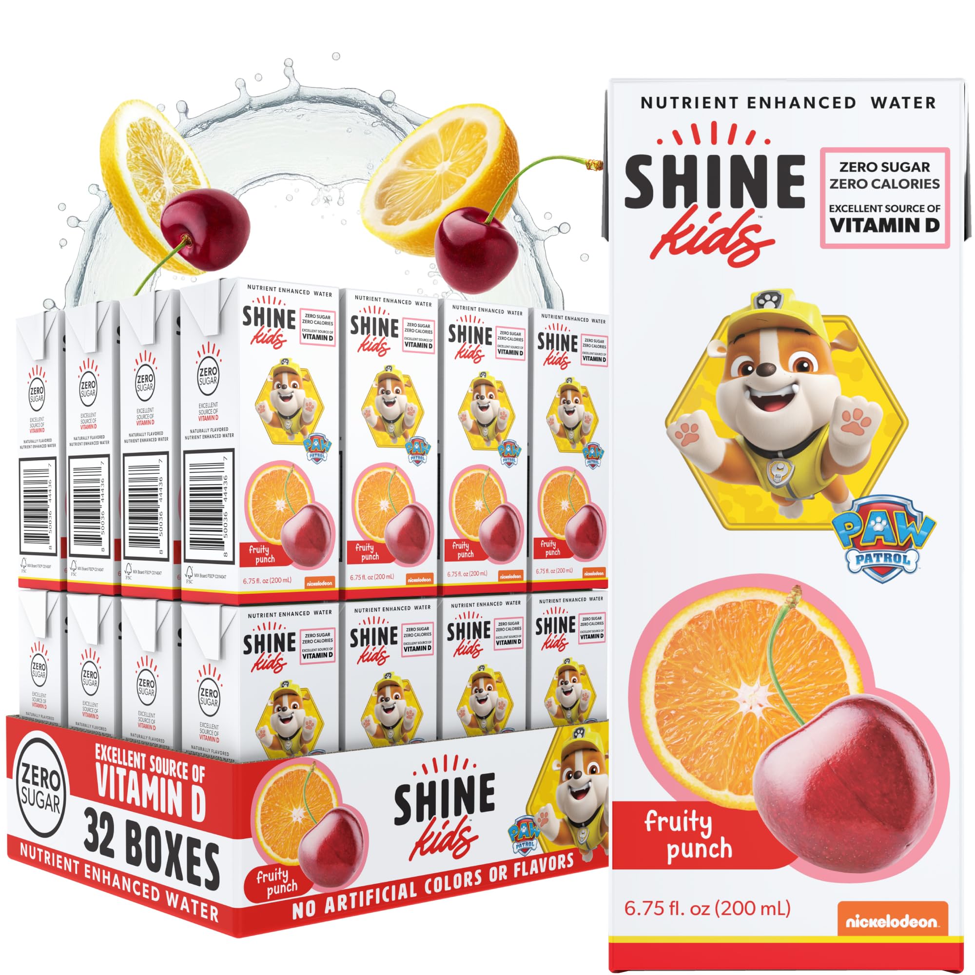ShineWater Paw Patrol fruit punch juice box front view with vitamin D for kids hydration