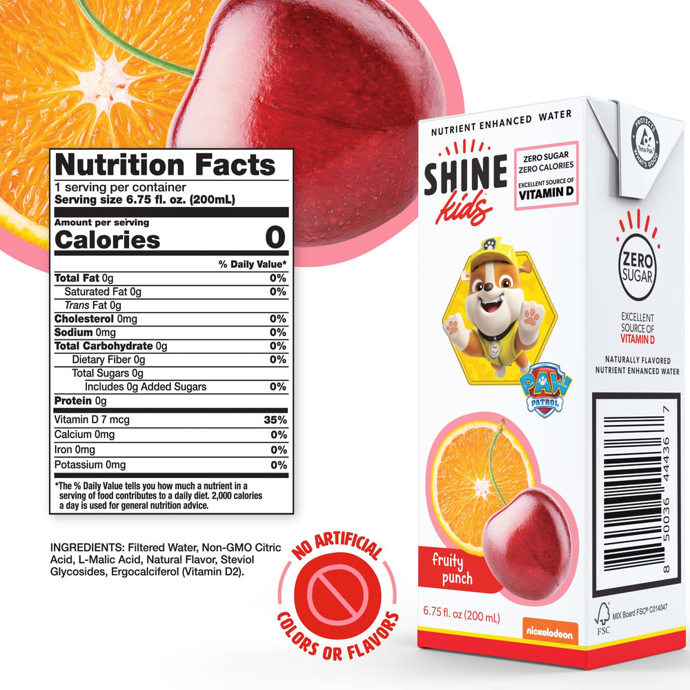 ShineWater Paw Patrol fruit punch juice box side view showing zero sugar claim