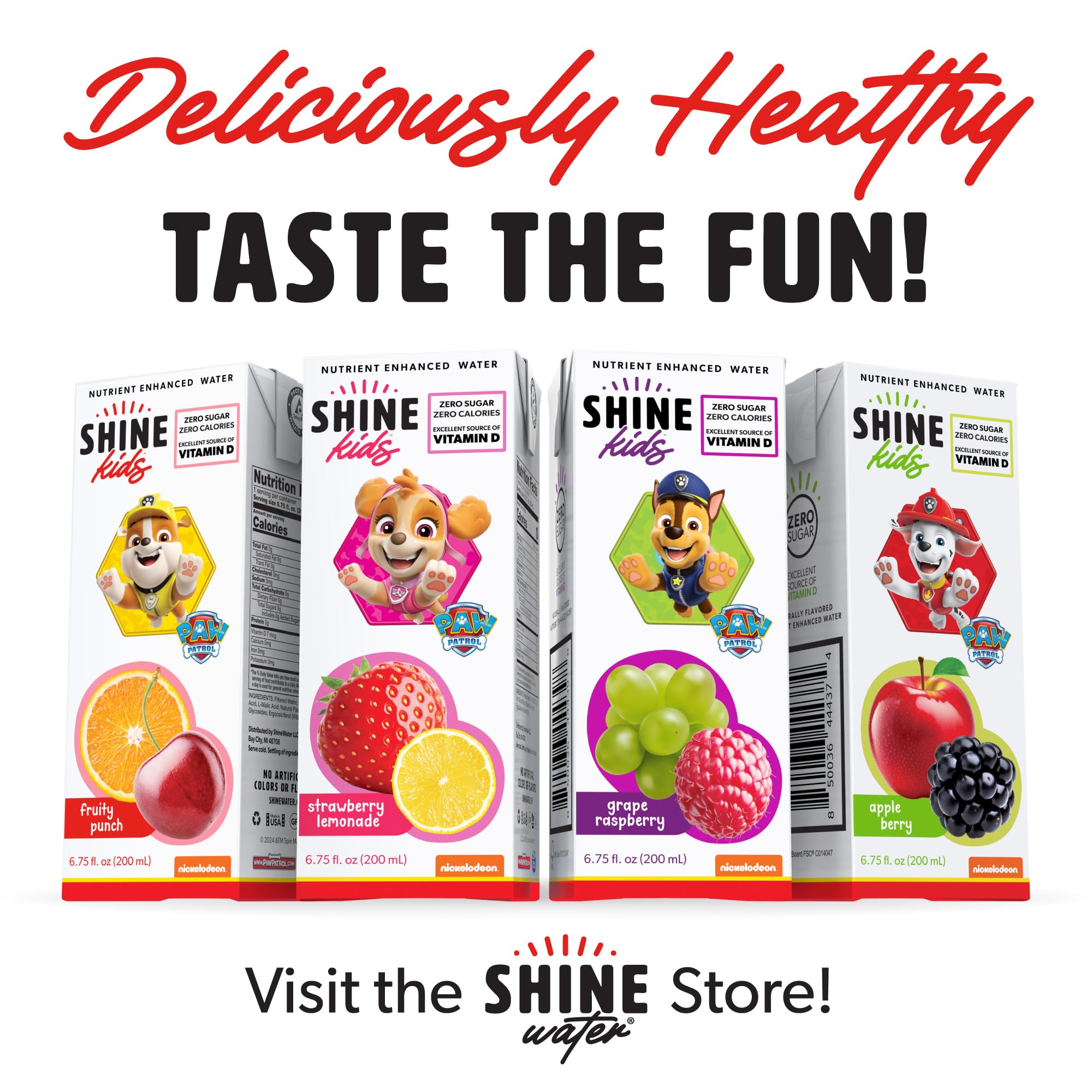 ShineWater Paw Patrol fruity punch juice box nutrition panel highlights