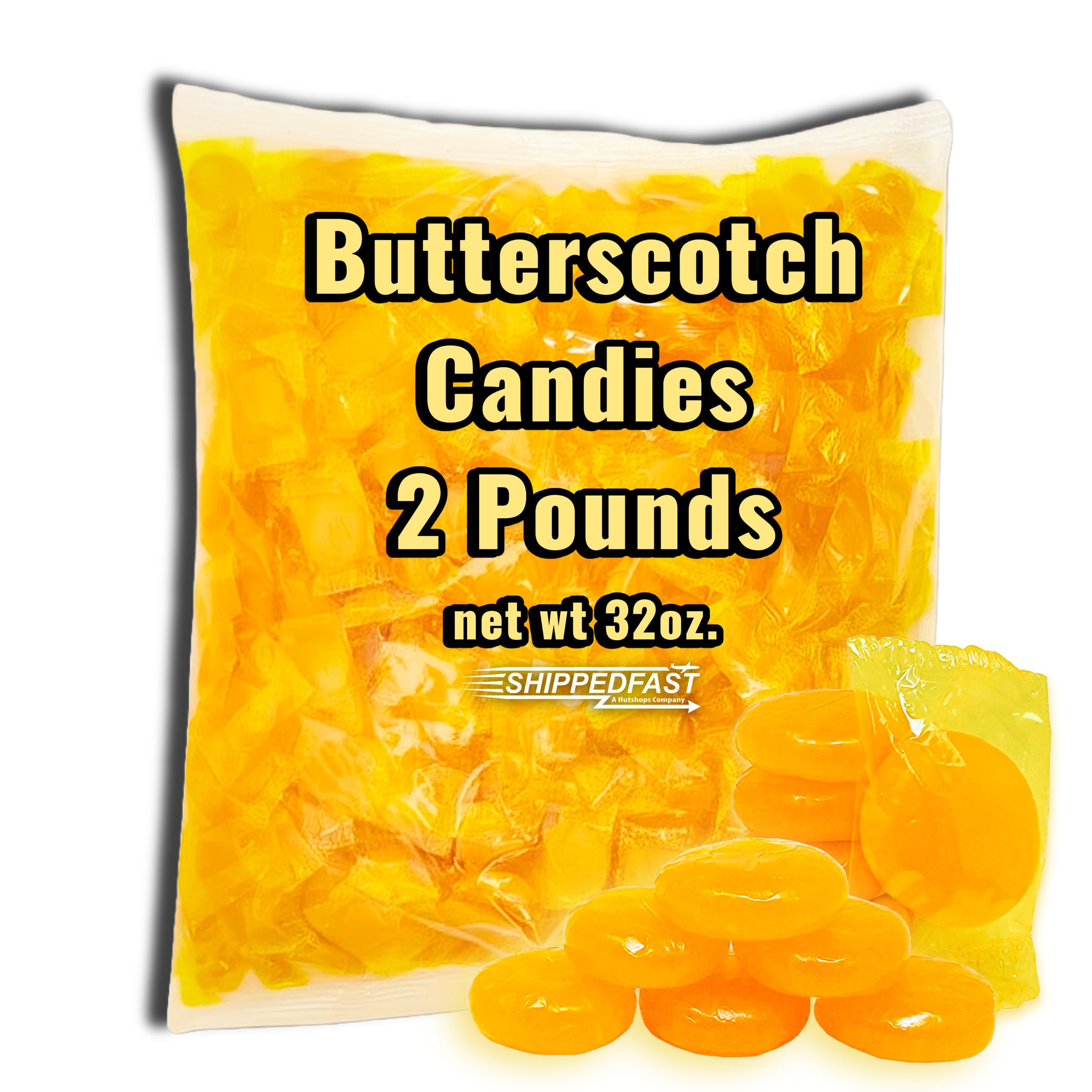 Shippedfast butterscotch hard candies in a 2 lb bag for bulk snacking and events.