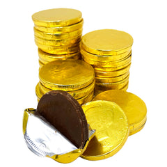 Shippedfast chocolate gold coins closeup in foil wrap, ideal for party favors.
