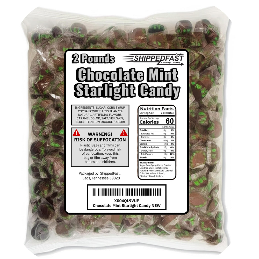 Shippedfast Chocolate Starlight Mint Candy 32oz bag with rich stripes, ideal for sharing.
