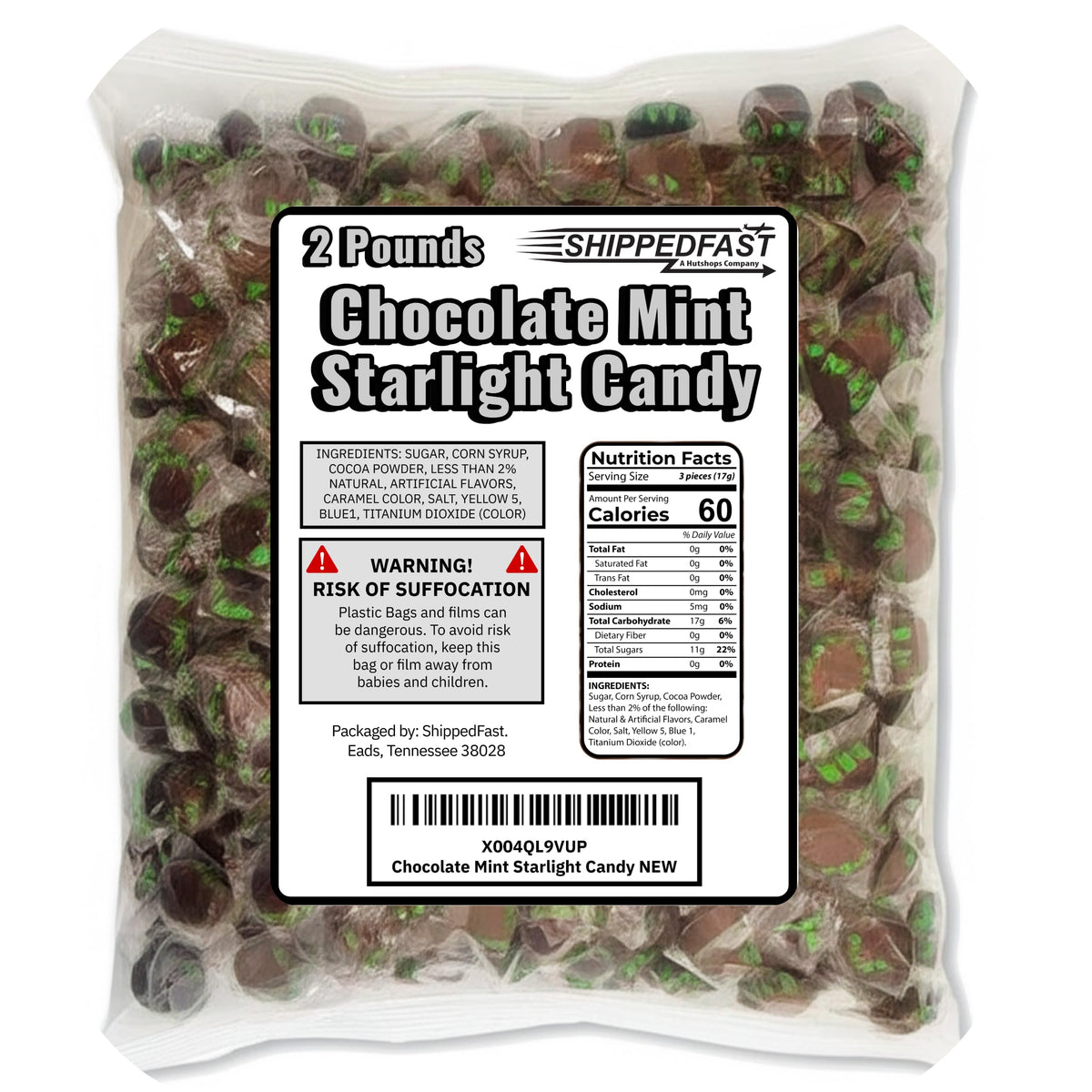 Shippedfast Chocolate Starlight Mint Candy 32oz bag with rich stripes, ideal for sharing.