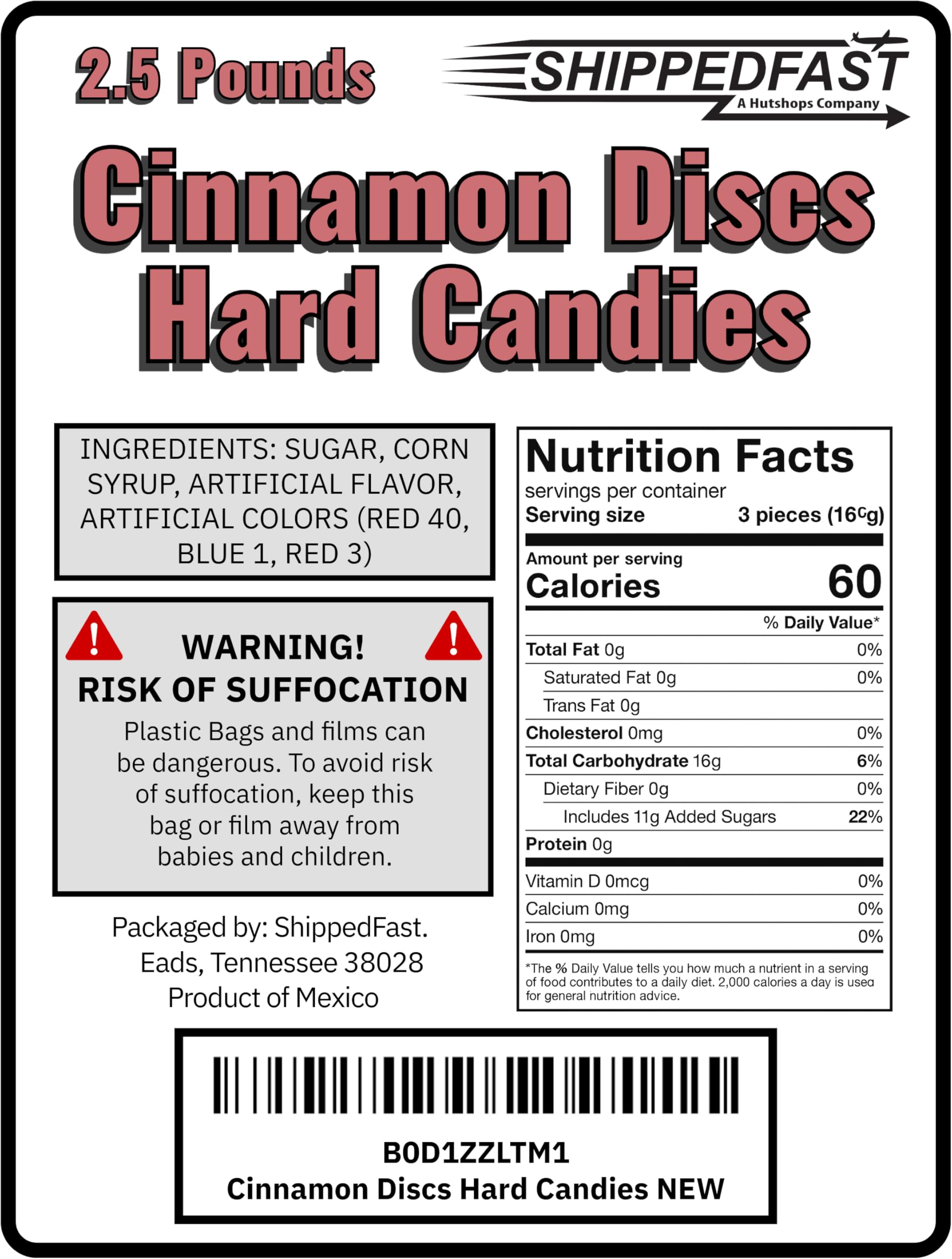 Shippedfast Cinnamon Discs 2.5 lb bulk bag with approx 220 pieces.