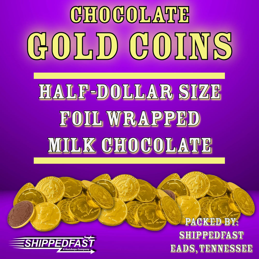 Shippedfast gold foil-wrapped coins detail, freshness preserved for gifts.