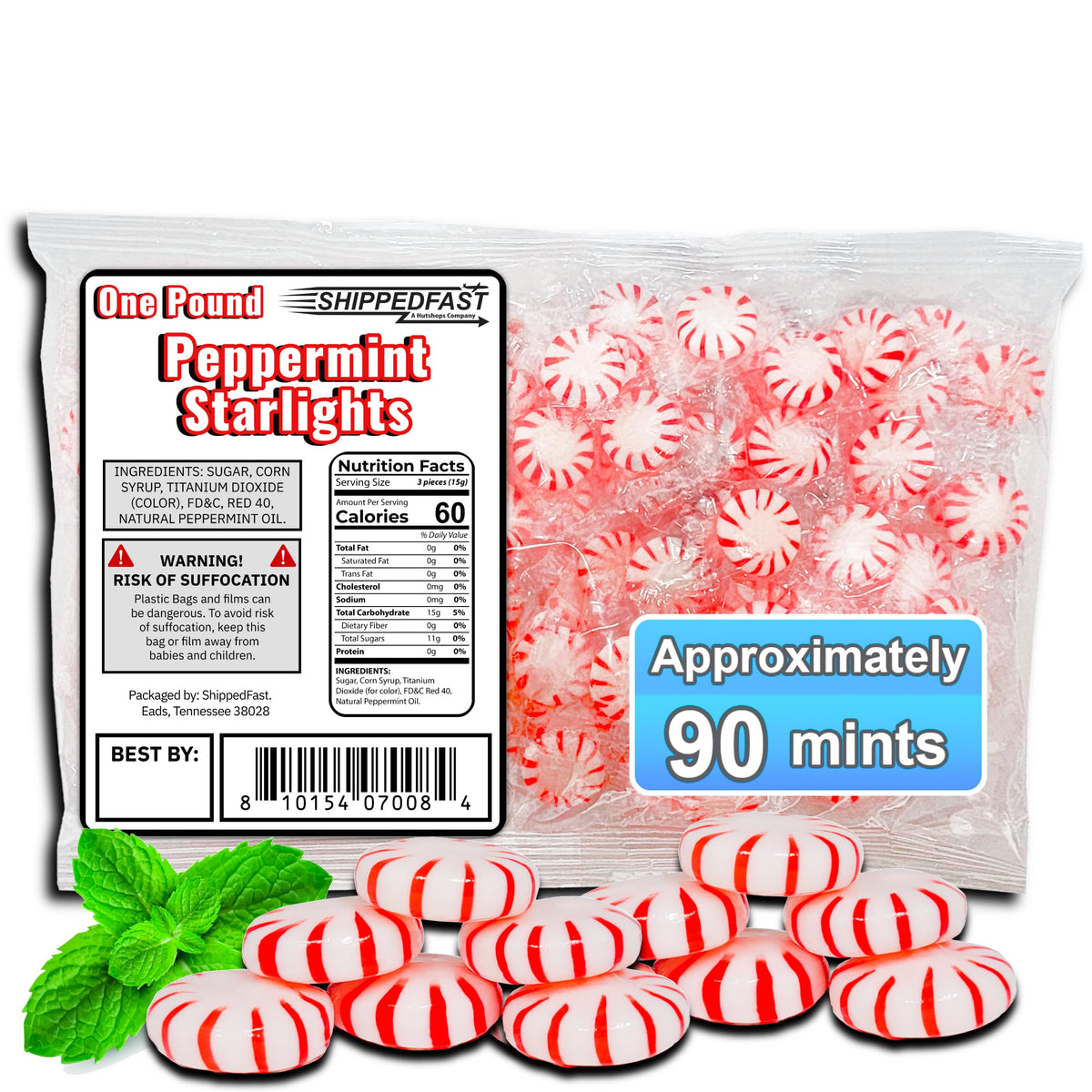 ShippedFast Peppermint Starlights candies in a 1lb bag offer fresh mint flavor for sharing.