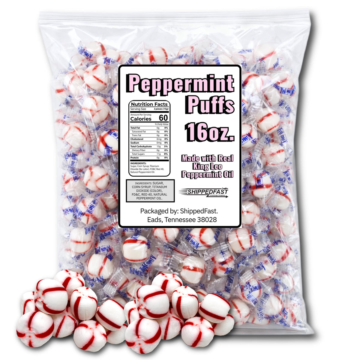 Shippedfast soft peppermint puffs in a bag with fresh mint flavor for sharing