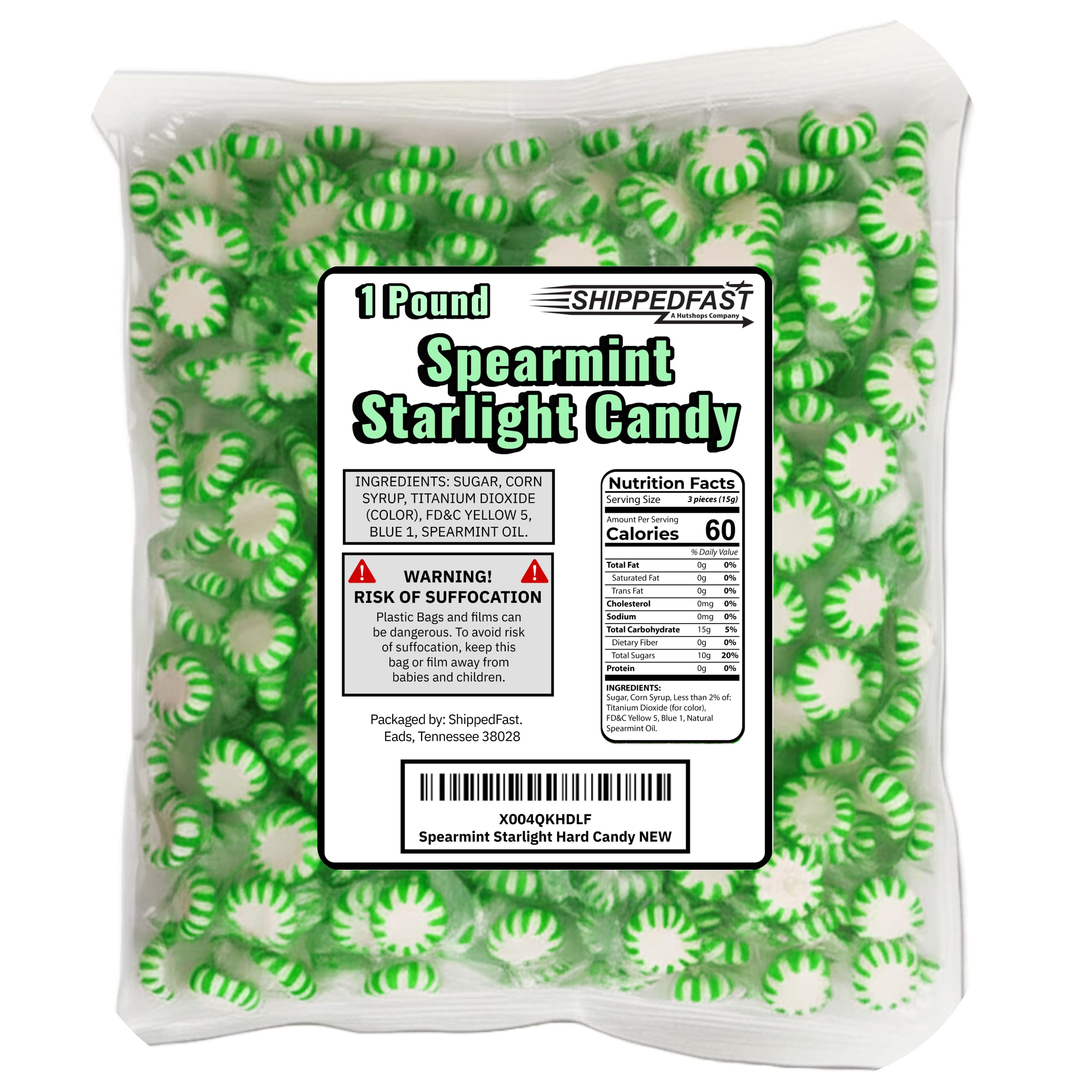 ShippedFast Spearmint Starlight Candy bag front view for bulk sharing.