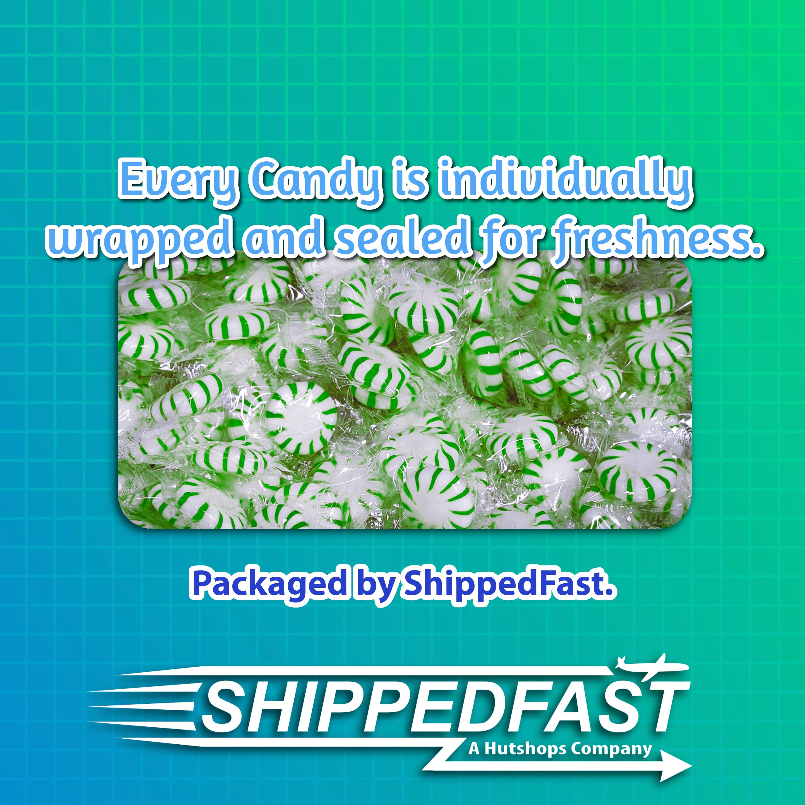 Close-up of Spearmint Starlight Candy mint swirl with glossy wrappers.