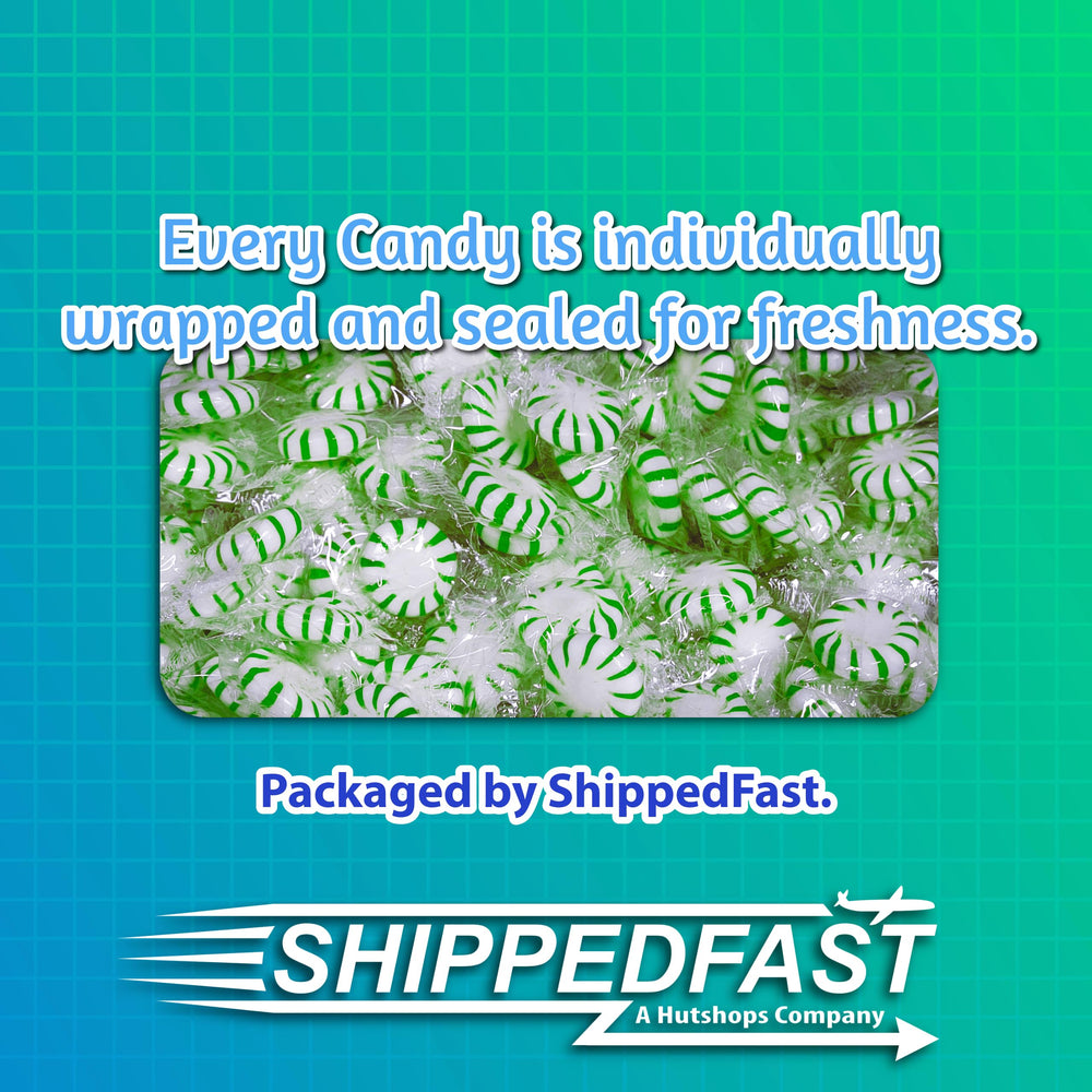 Close-up of Spearmint Starlight Candy mint swirl with glossy wrappers.