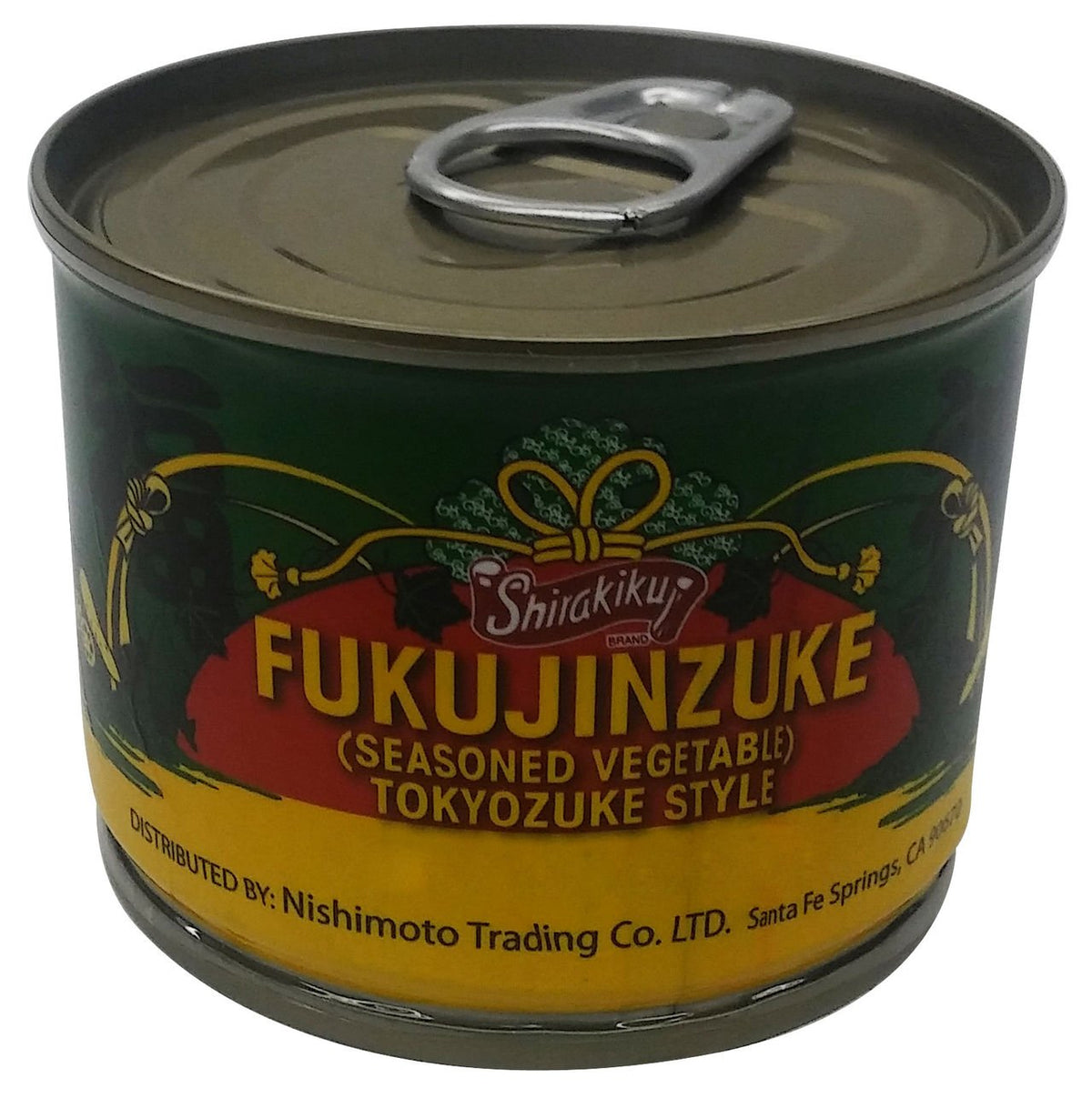 Shirakiku Fukujinzuke Tokyo can label on shelf, premium side for curry.