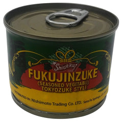 Shirakiku Fukujinzuke Tokyo can label on shelf, premium side for curry.