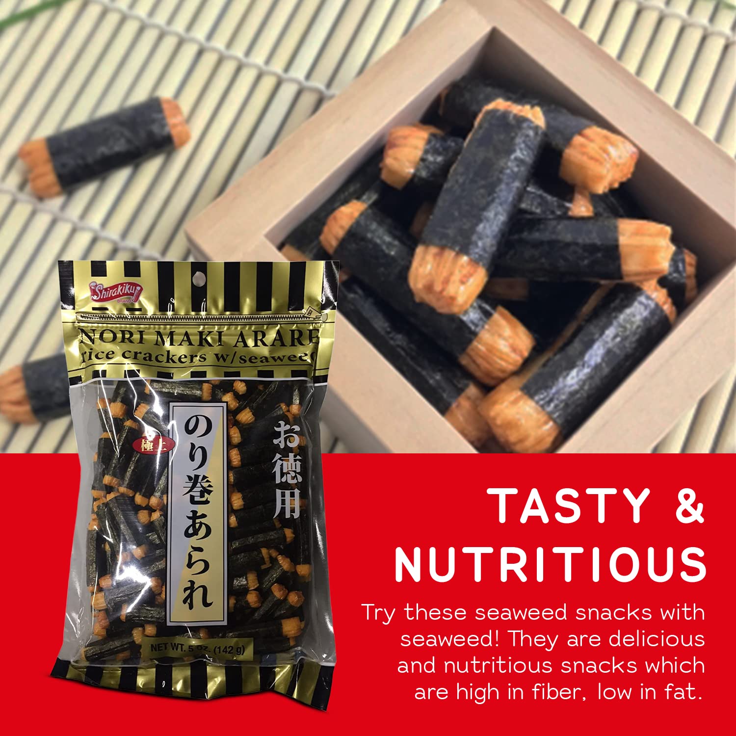 Shirakiku Nori Maki Arare seaweed-visible pack communicates natural flavors