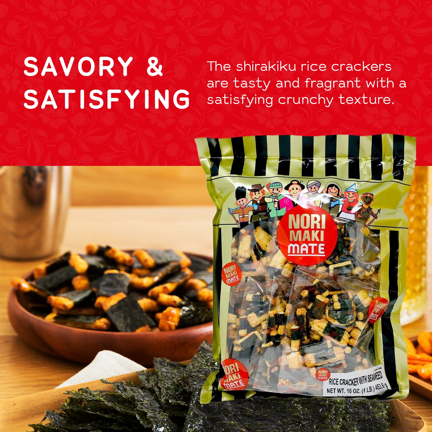 Eight 2-ounce packs of Shirakiku Norimaki Mate offer portable snacking.