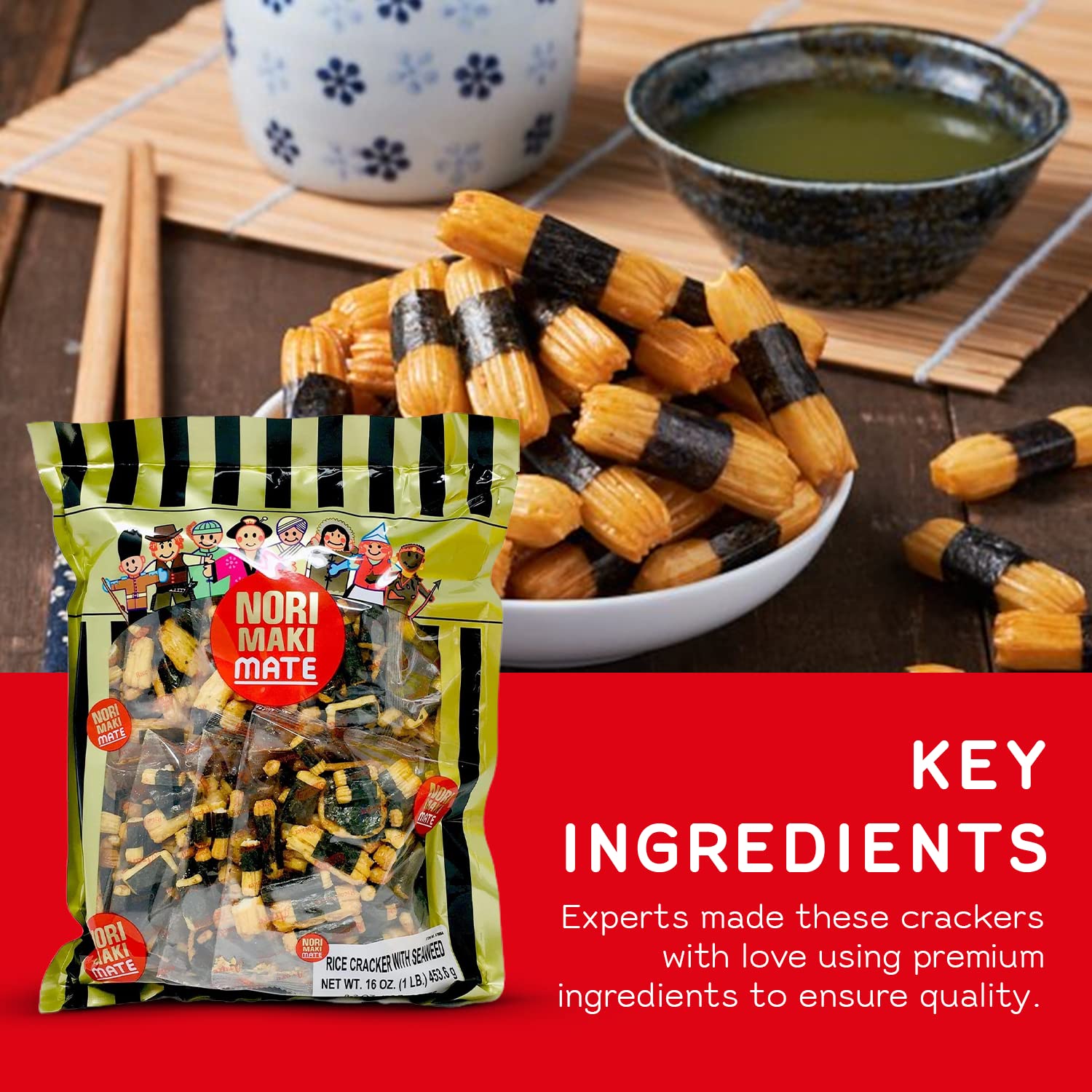 Shirakiku Norimaki Mate paired with tea for a light, satisfying snack.