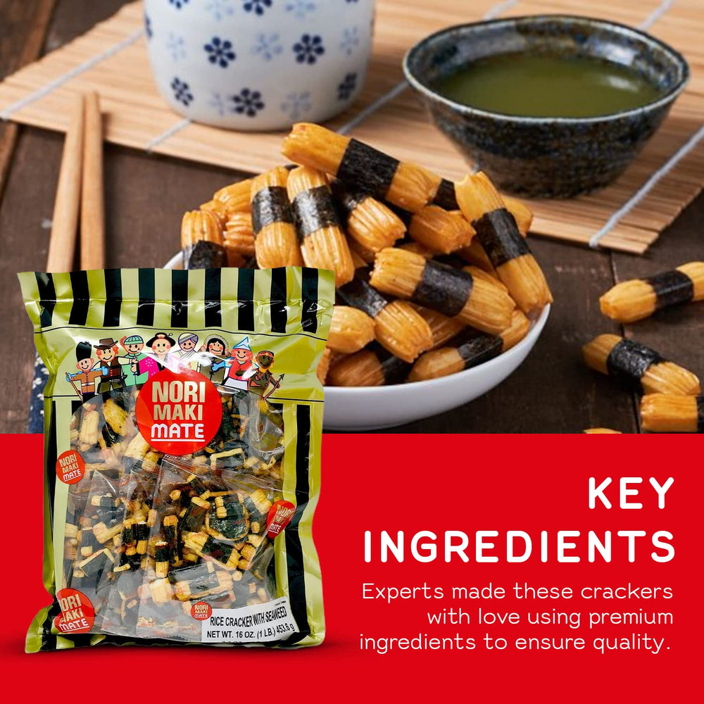 Shirakiku Norimaki Mate paired with tea for a light, satisfying snack.