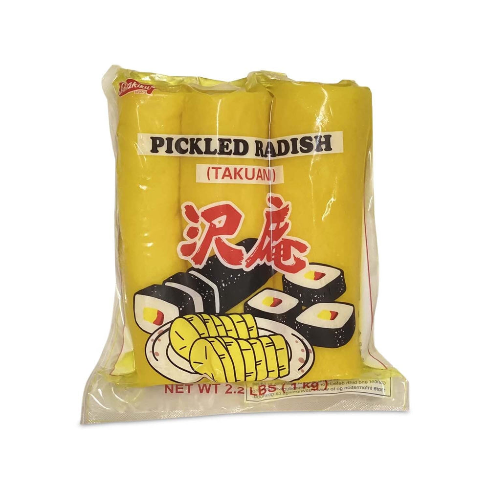 Shirakiku pickled radish takuwan 3-piece pack, crisp slices ready for sushi prep.