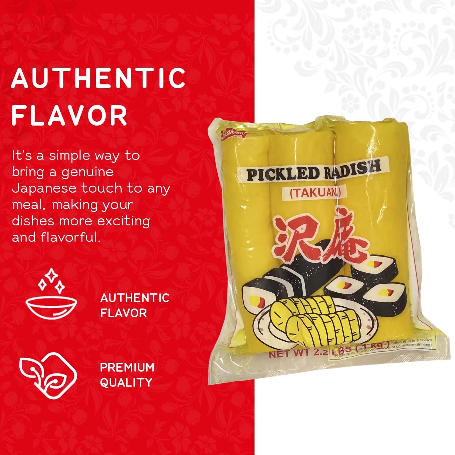 Shirakiku takuwan sushi compatibility image suggests quick flavor boost.