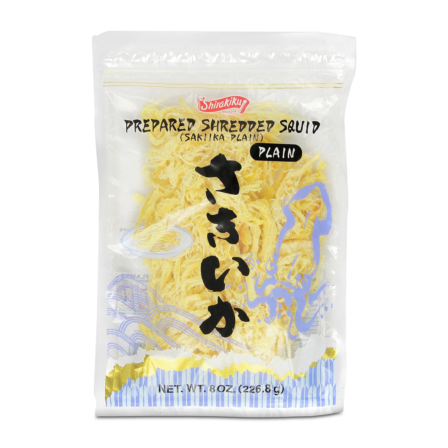 Shirakiku shredded squid bag ready to snack with savory protein.
