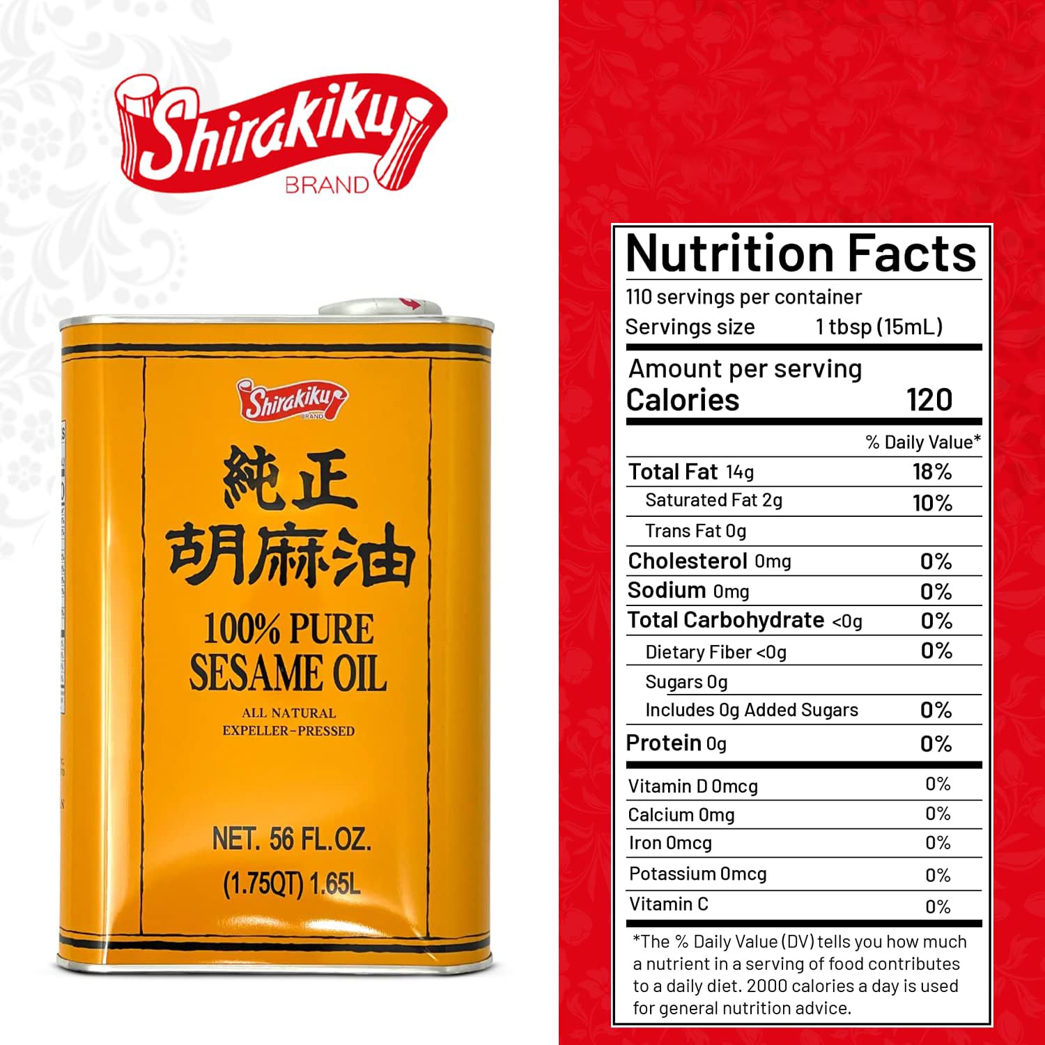 Shirakiku Pure Japanese Sesame Oil amber-glow highlights premium, cold-pressed oil for dressings.