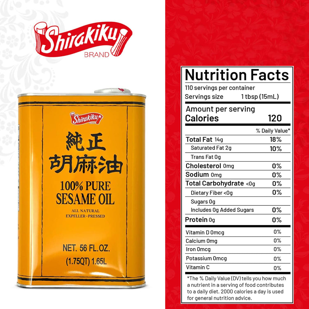 Shirakiku Pure Japanese Sesame Oil amber-glow highlights premium, cold-pressed oil for dressings.