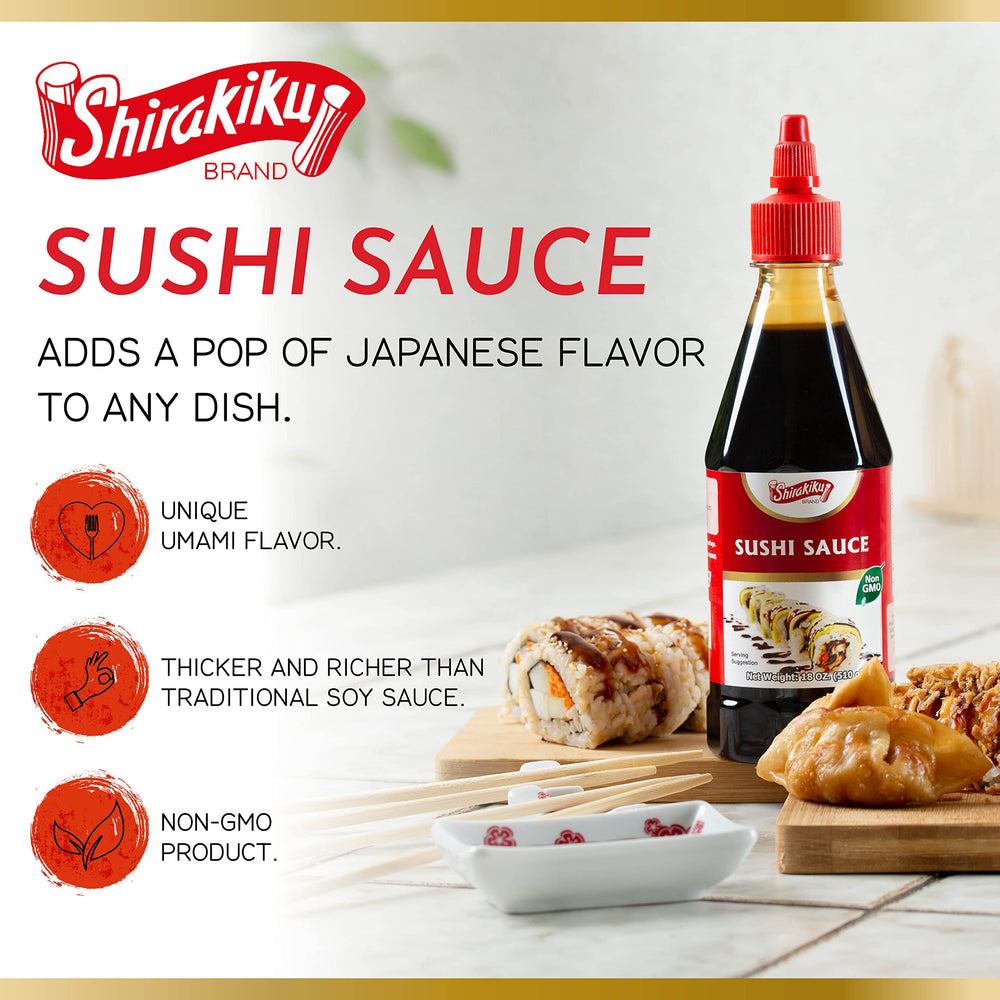 Shirakiku sushi sauce being poured to enhance sushi rolls.