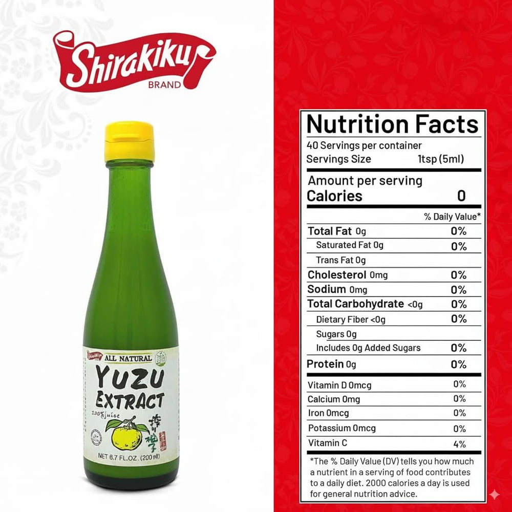 Shirakiku Yuzu Extract front bottle highlights pure yuzu juice.