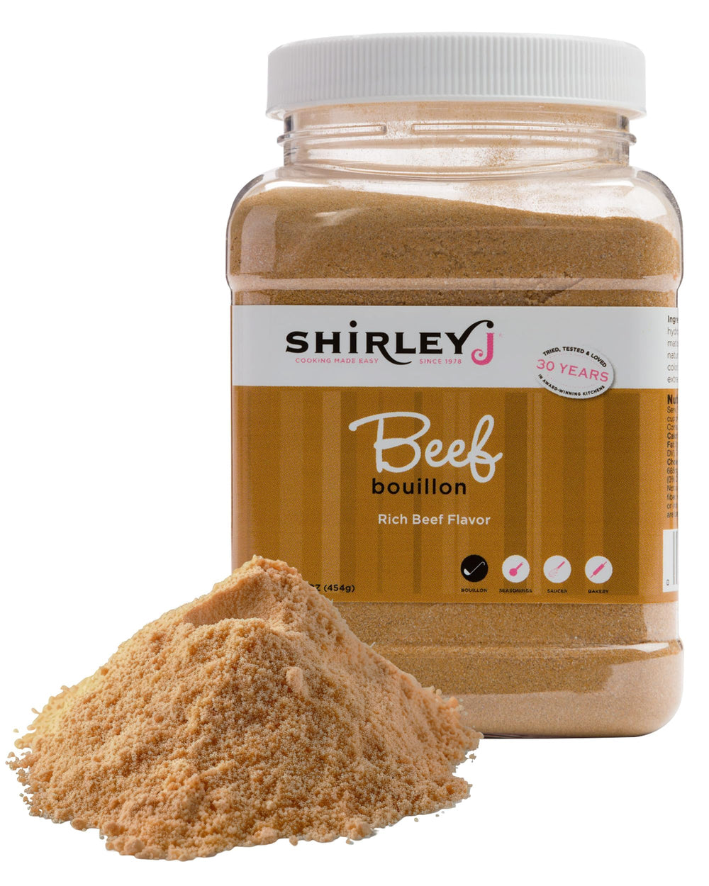 Shirley J Rich Beef Bouillon Powder jar front view for quick, rich beef broth.