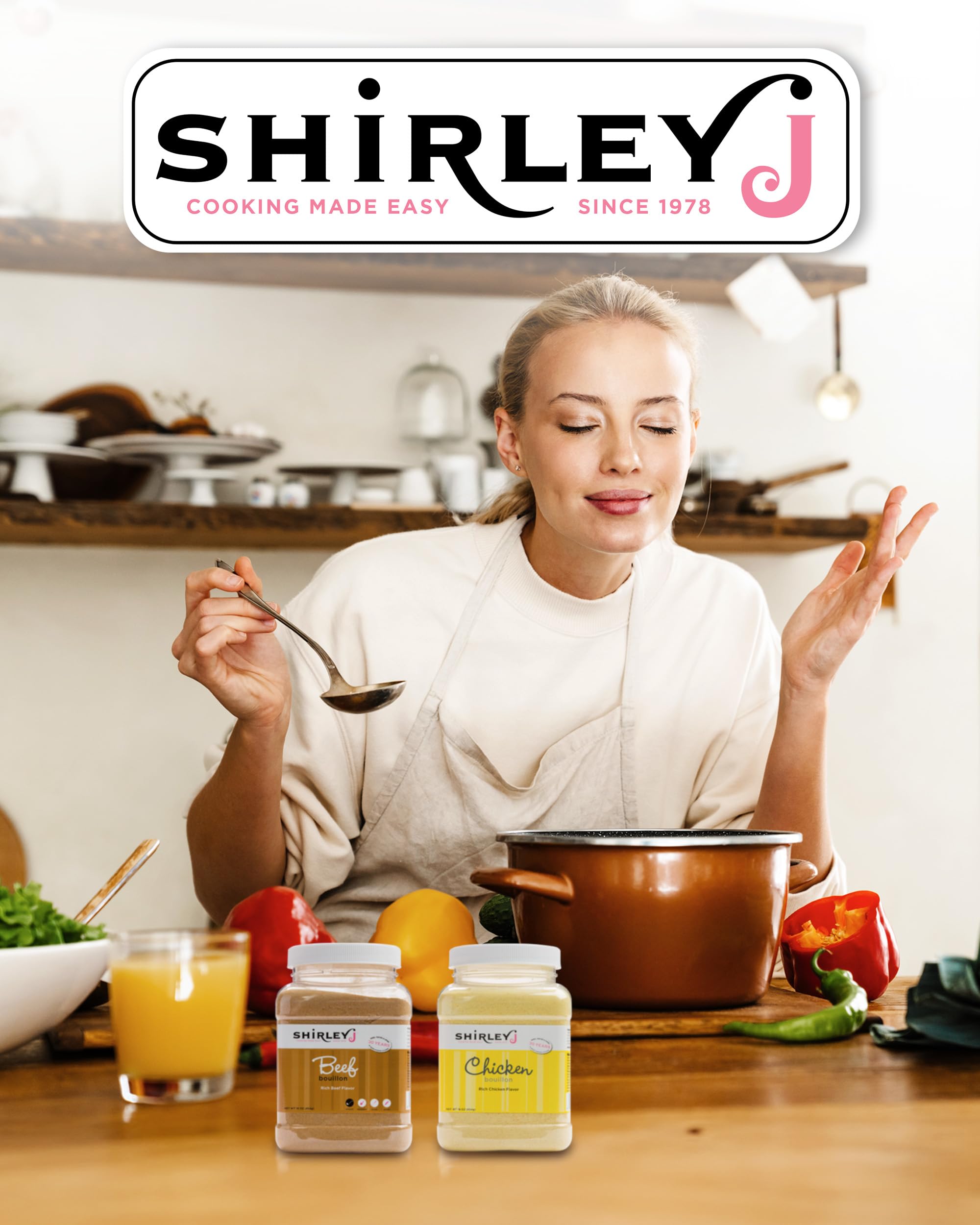 Shirley J Rich Beef Bouillon Powder ready-to-use in 1-pound jar.