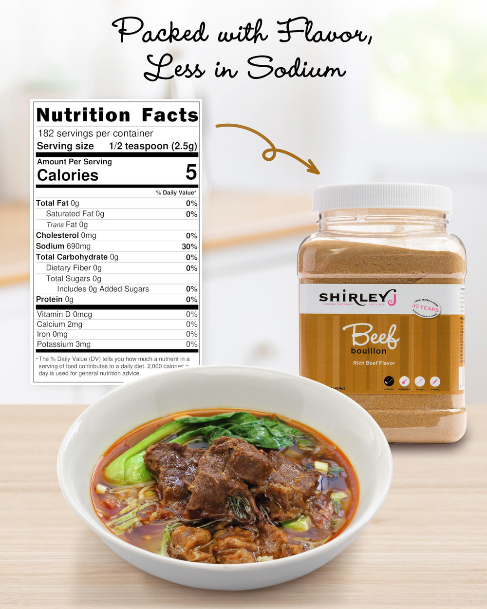Shirley J Rich Beef Bouillon Powder open package showing shelf-stable convenience.