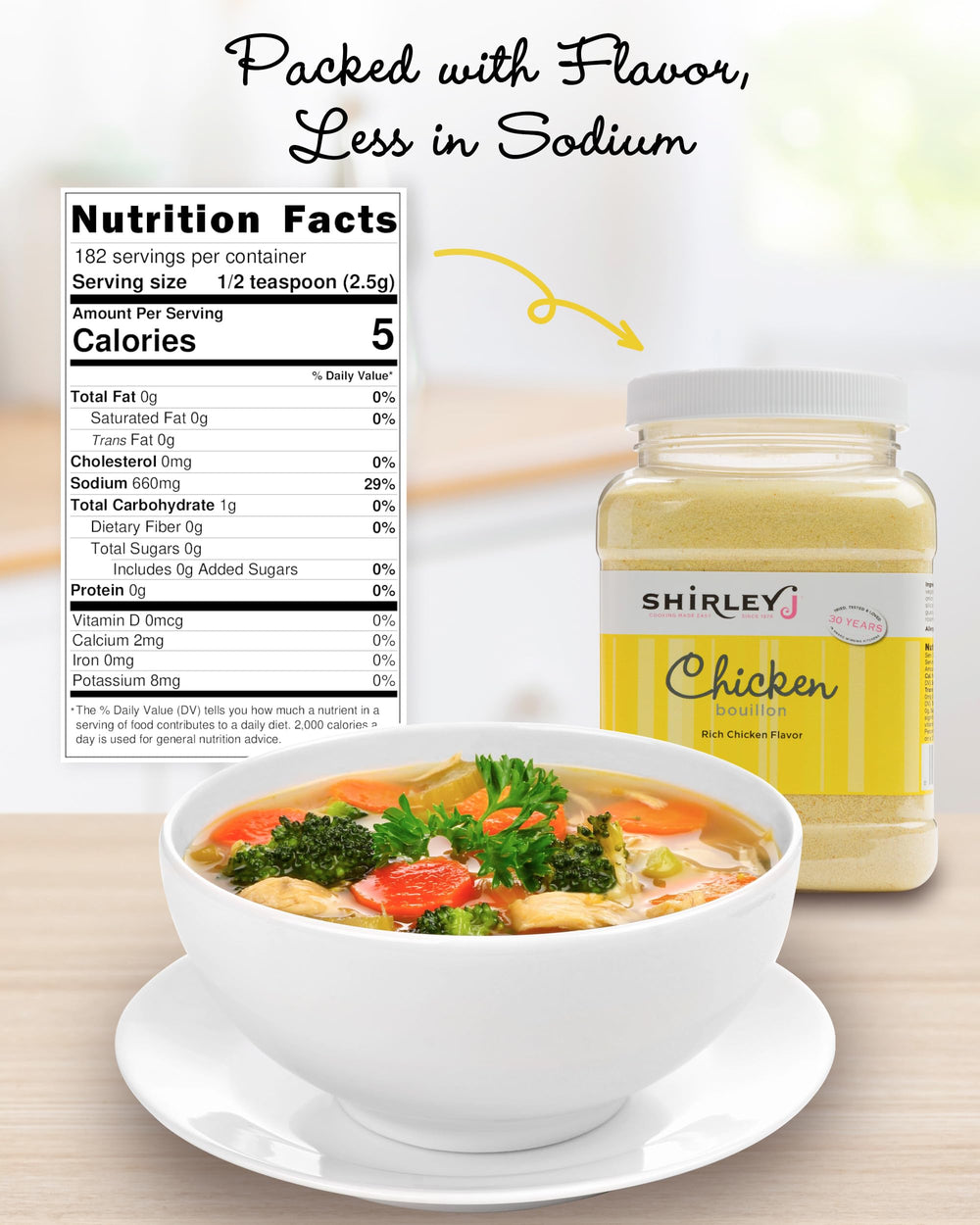 Shirley J Rich Chicken Bouillon Powder jar closeup with lower-sodium flavor