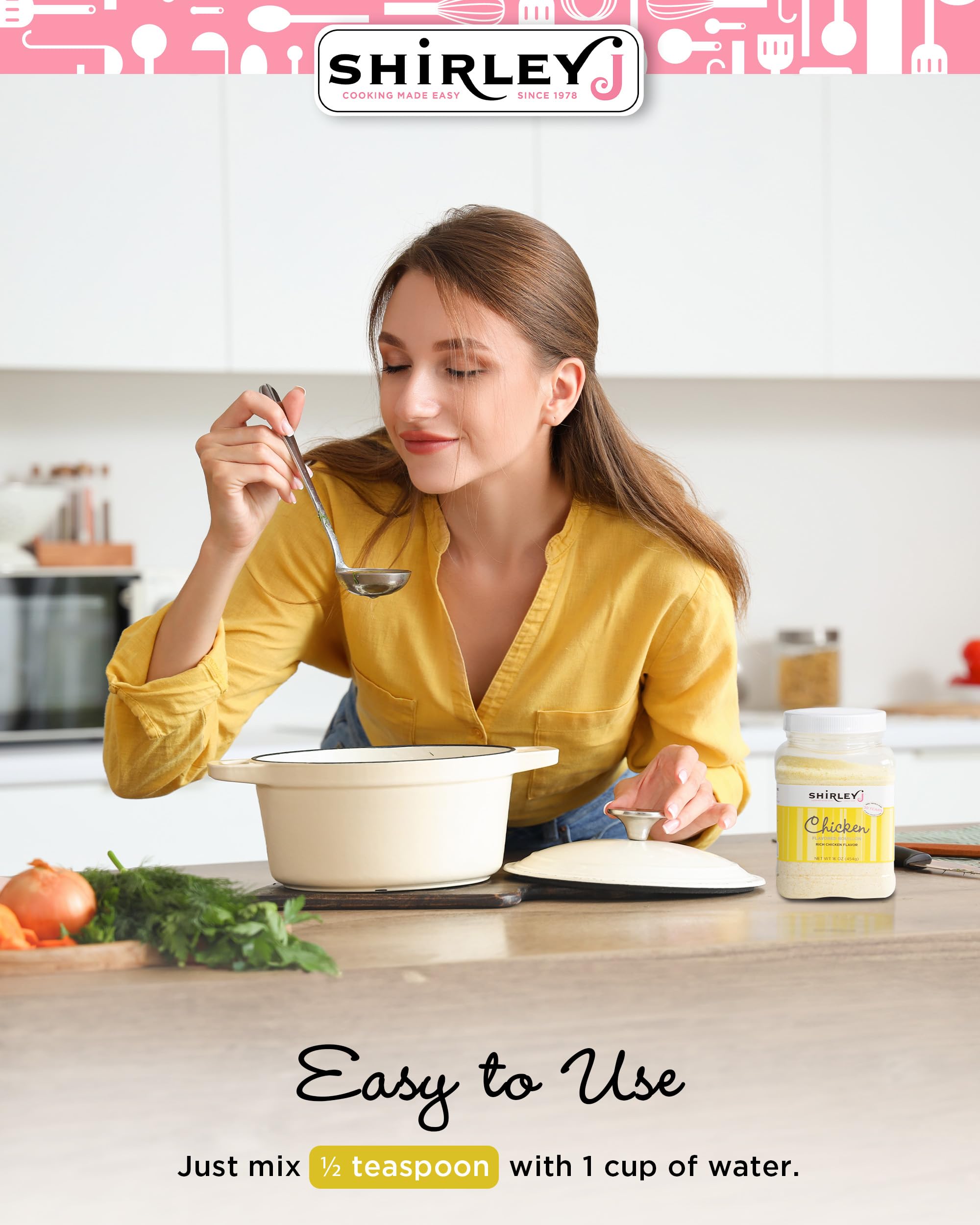 Shirley J Rich Chicken Bouillon Powder in a soup bowl enhances aroma