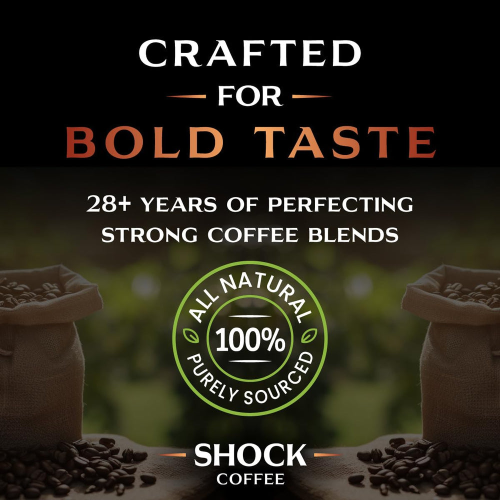 Shock Coffee Ground 100% Arabica beans close-up for premium flavor