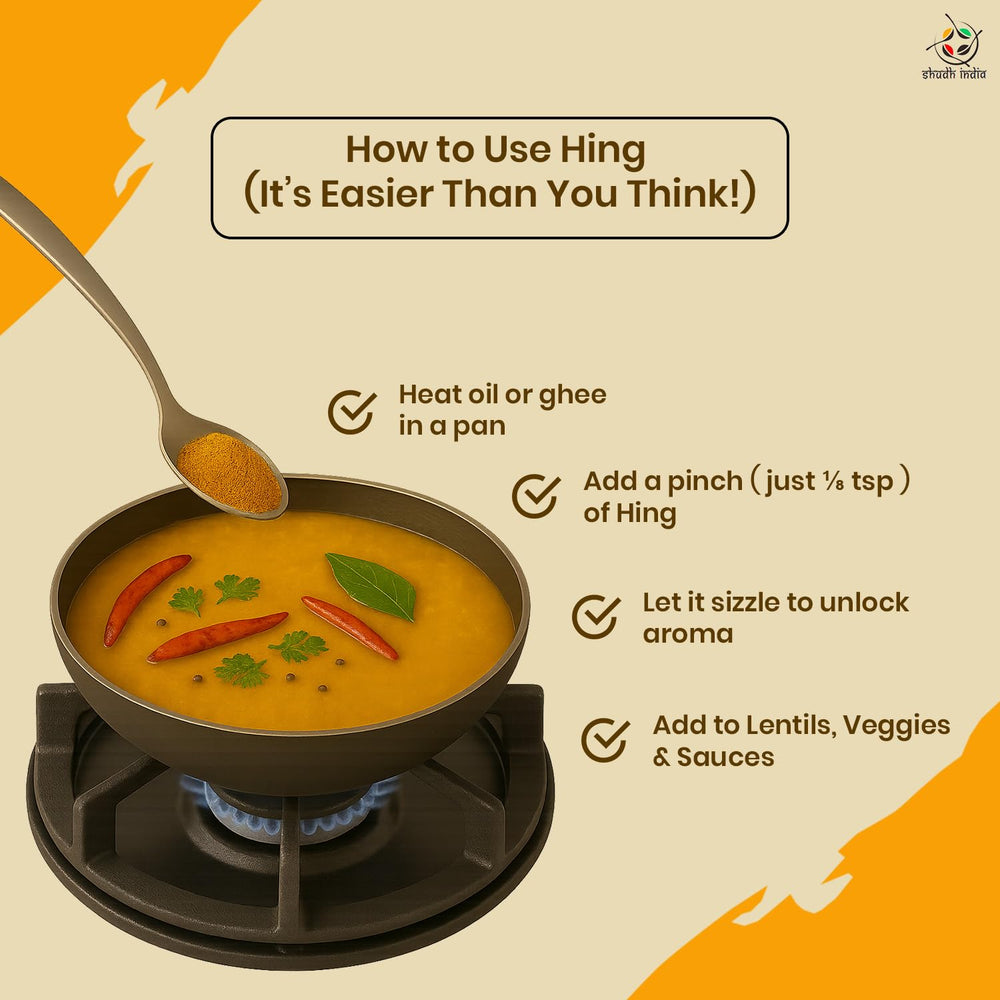 Shudh India Hing powder on kitchen counter inspires flavorful cooking.