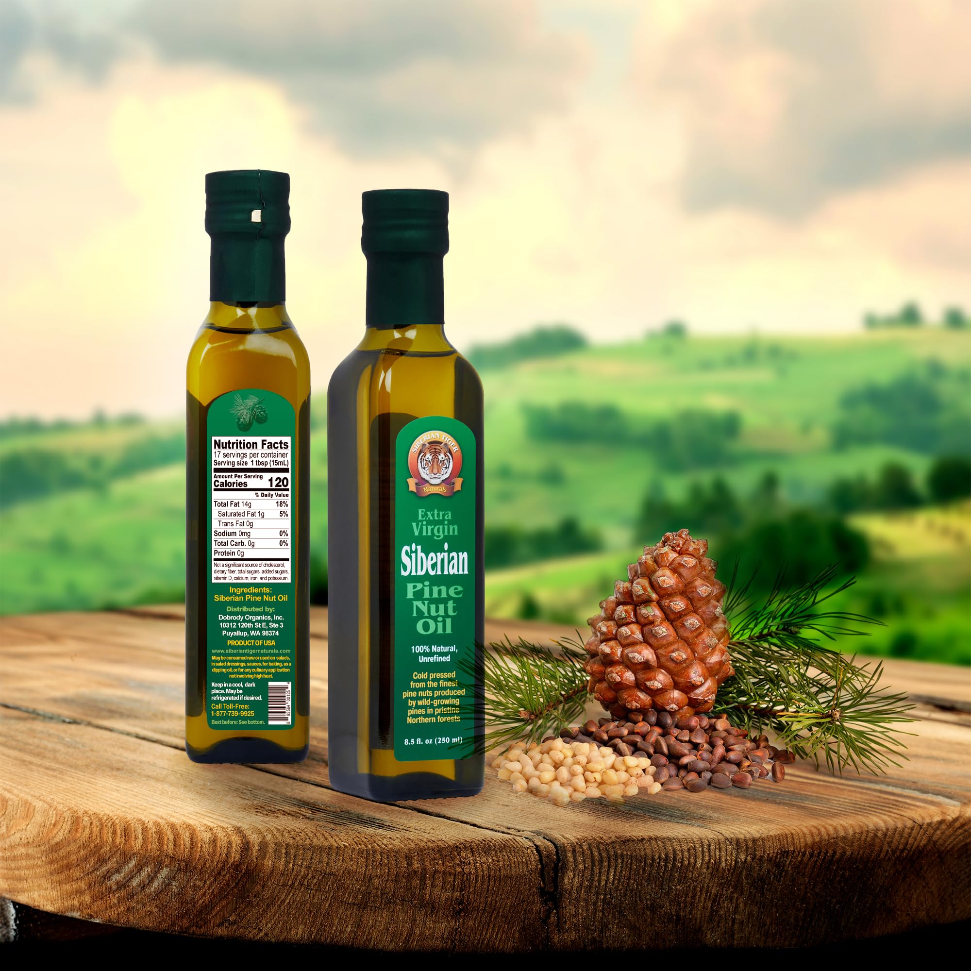 Siberian Tiger Naturals pine nut oil amber color in bottle