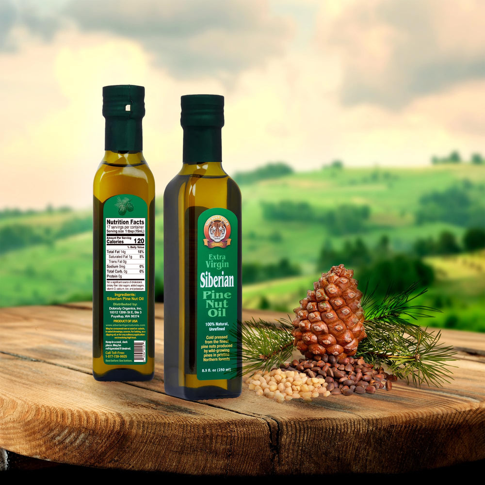 Siberian Tiger Naturals pine nut oil amber color in bottle