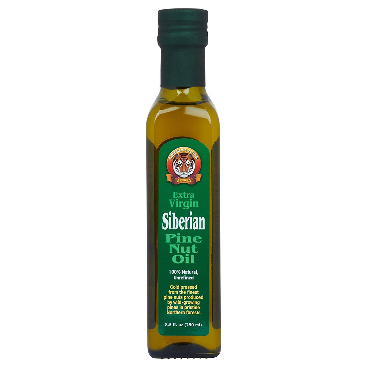 Siberian Tiger Naturals pine nut oil bottle close-up showing first-press unrefined quality