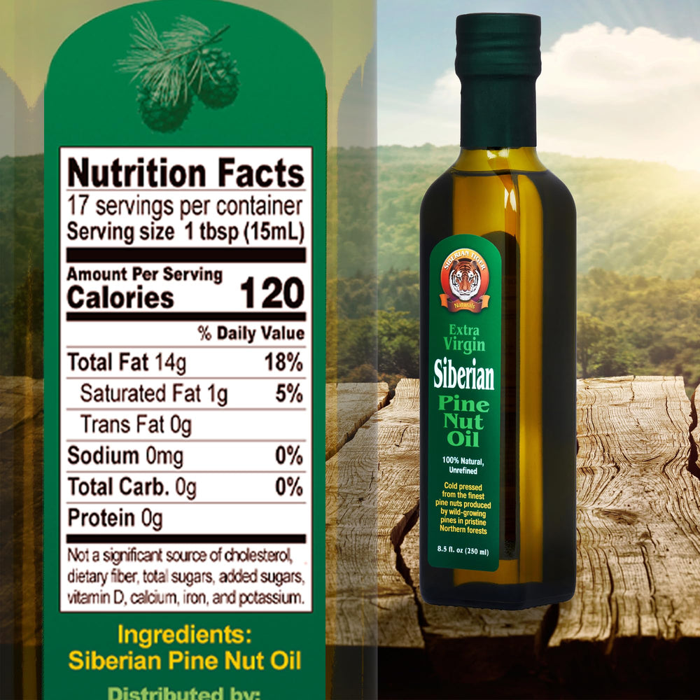 Siberian Tiger Naturals pine nut oil on family kitchen counter