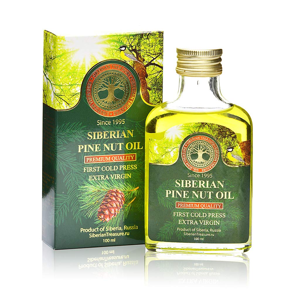 Siberian Treasure pine nut oil bottle showcasing premium quality