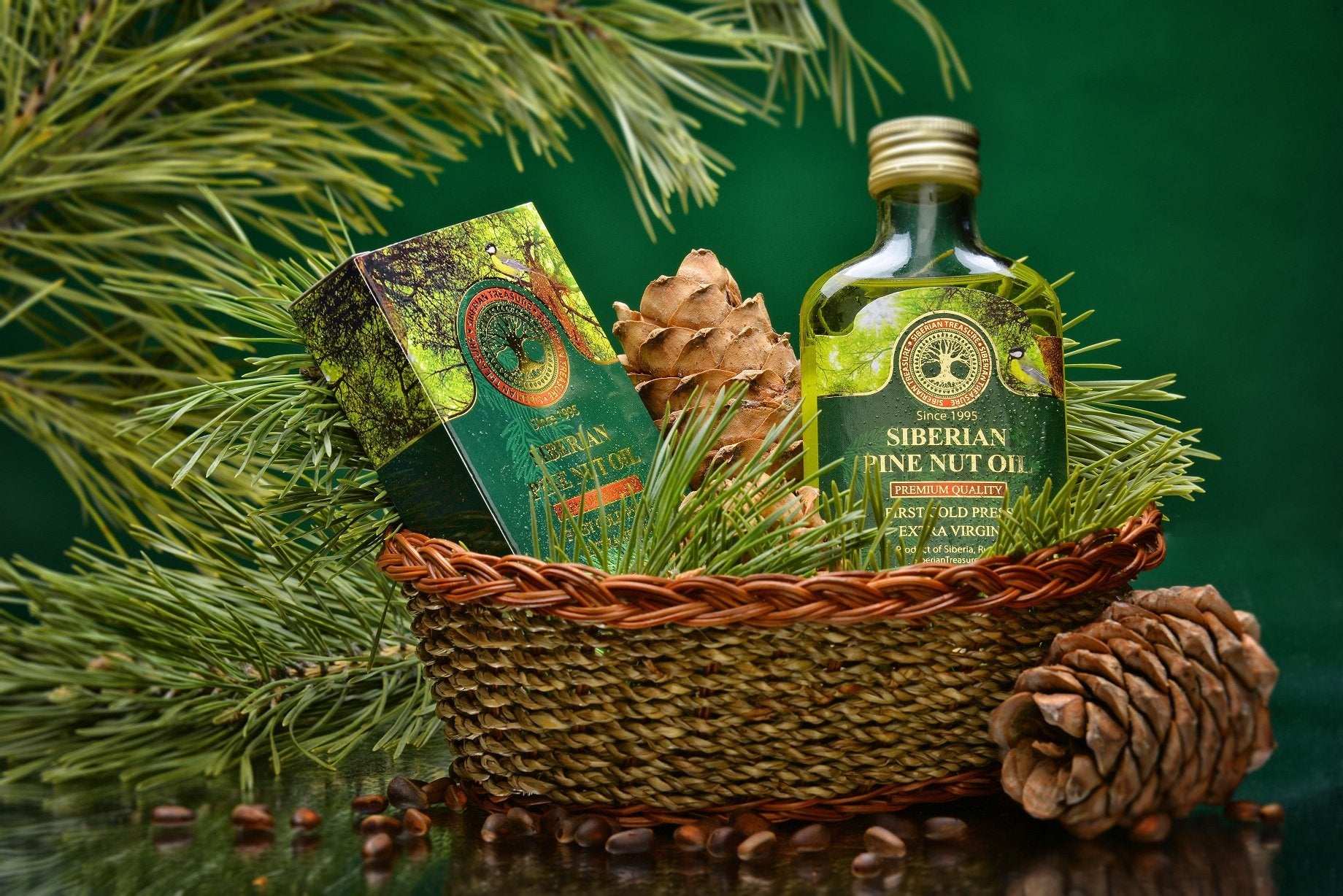 Siberian Treasure pine nut oil label emphasizing first cold press