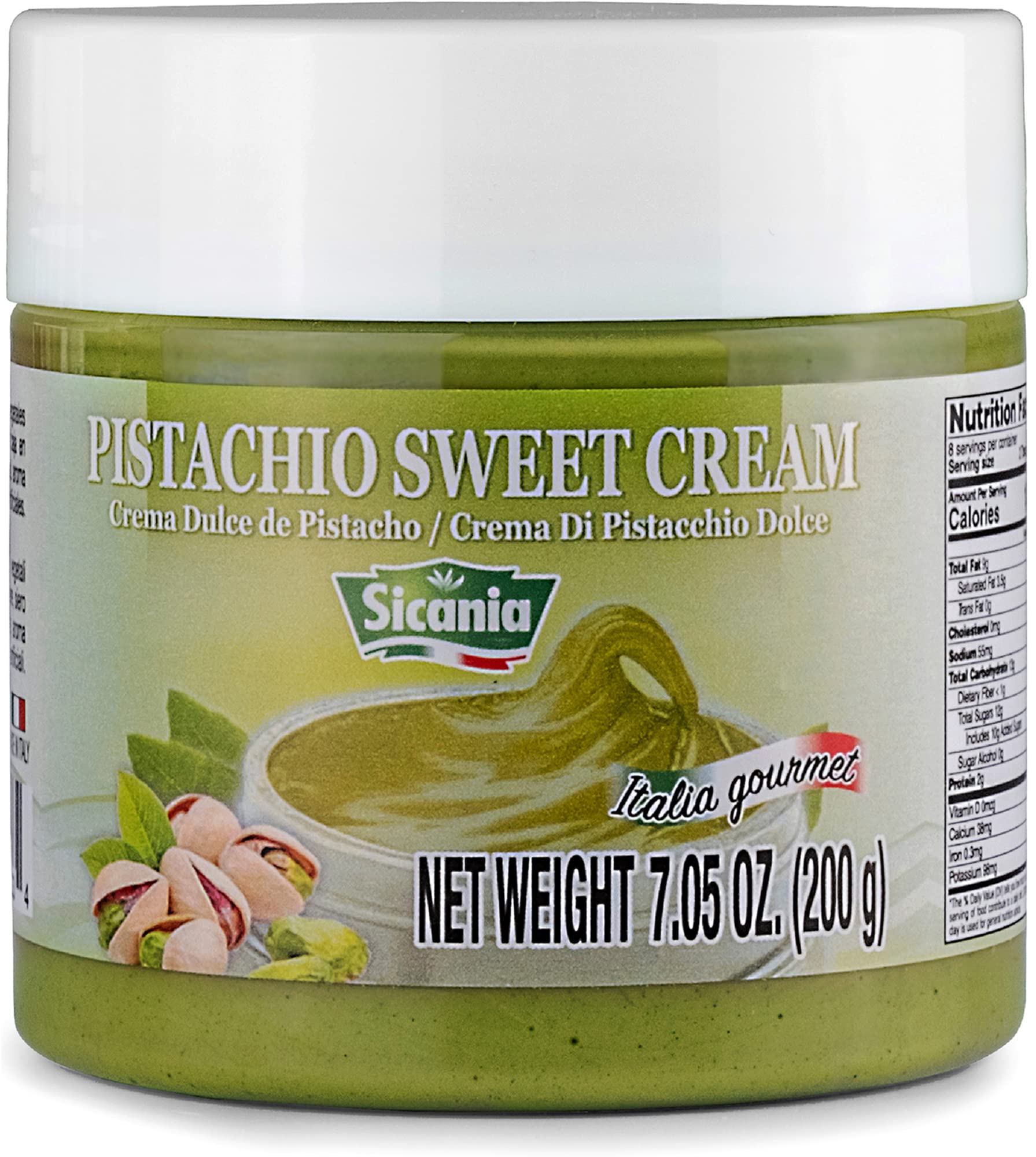 Sicana Pistachio Cream jar closeup shows premium texture for desserts