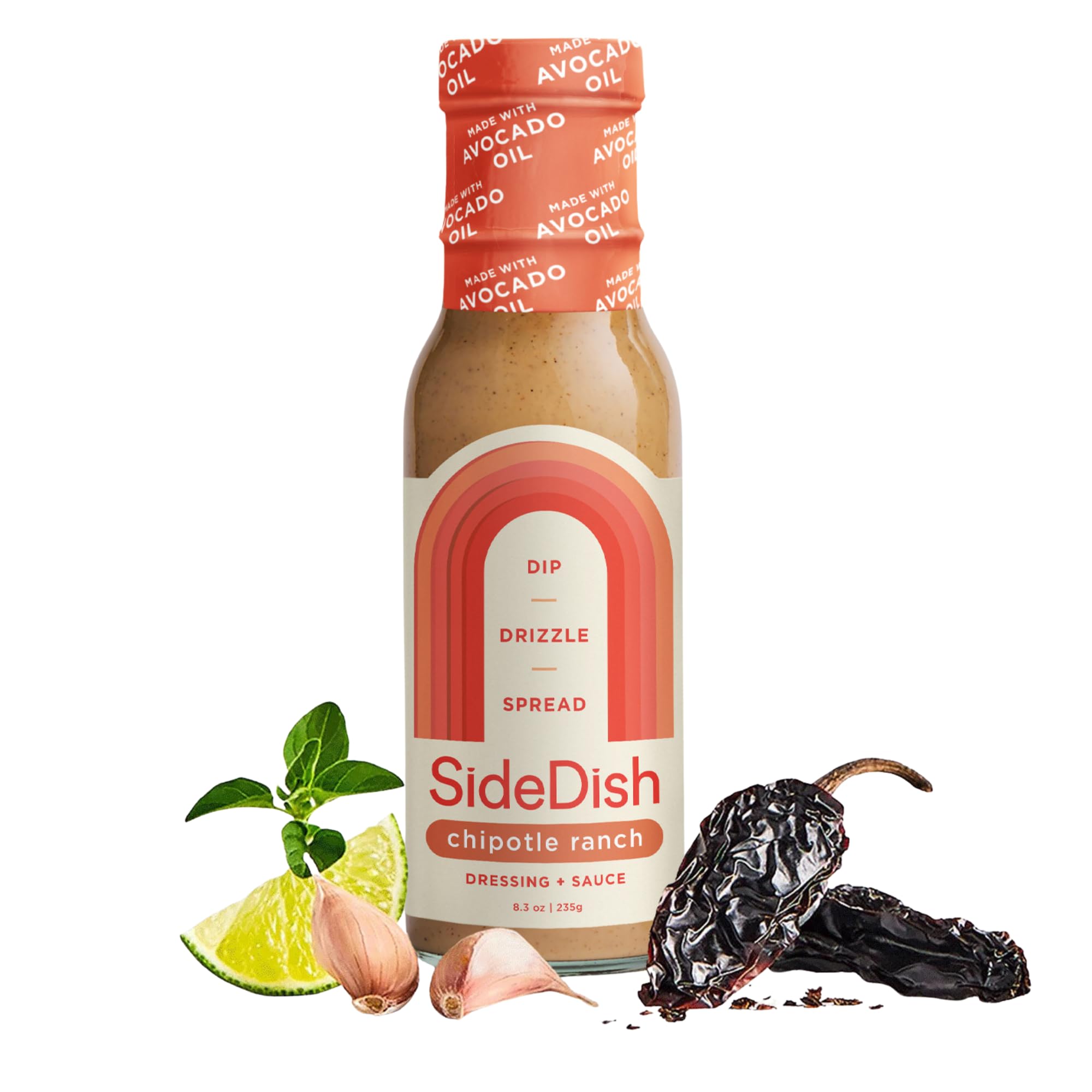 SideDish Chipotle Ranch Dressing bottle showcases bold flavor for salads and dips.