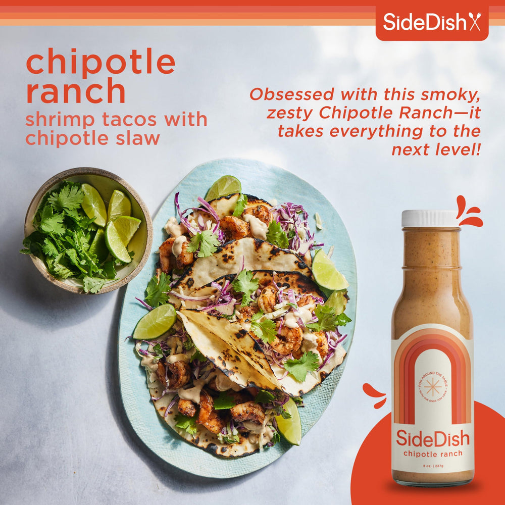 SideDish Chipotle Ranch Dressing label closeup highlights dairy-free and sugar-free profile.