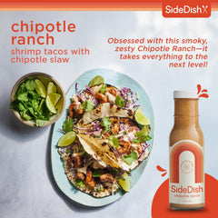 SideDish Chipotle Ranch Dressing label closeup highlights dairy-free and sugar-free profile.